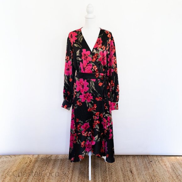 Sofia Floral Dress XXXL (22) Faux Wrap Ruffle Mid Calf Length Silky Flowy - Picture 3 of 13